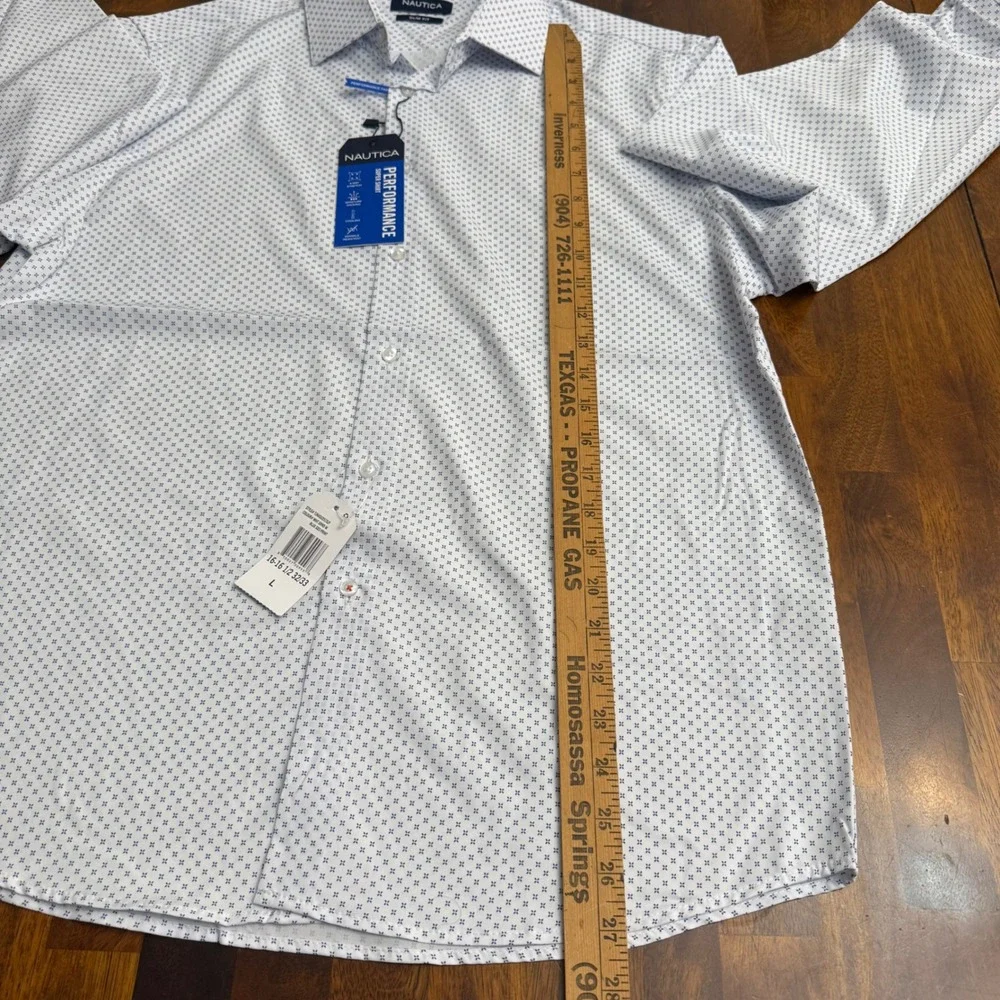 Nautica Mens‎ Slim Fit Performance Dress Shirt Blue Geo Print Long Sleeve Size L